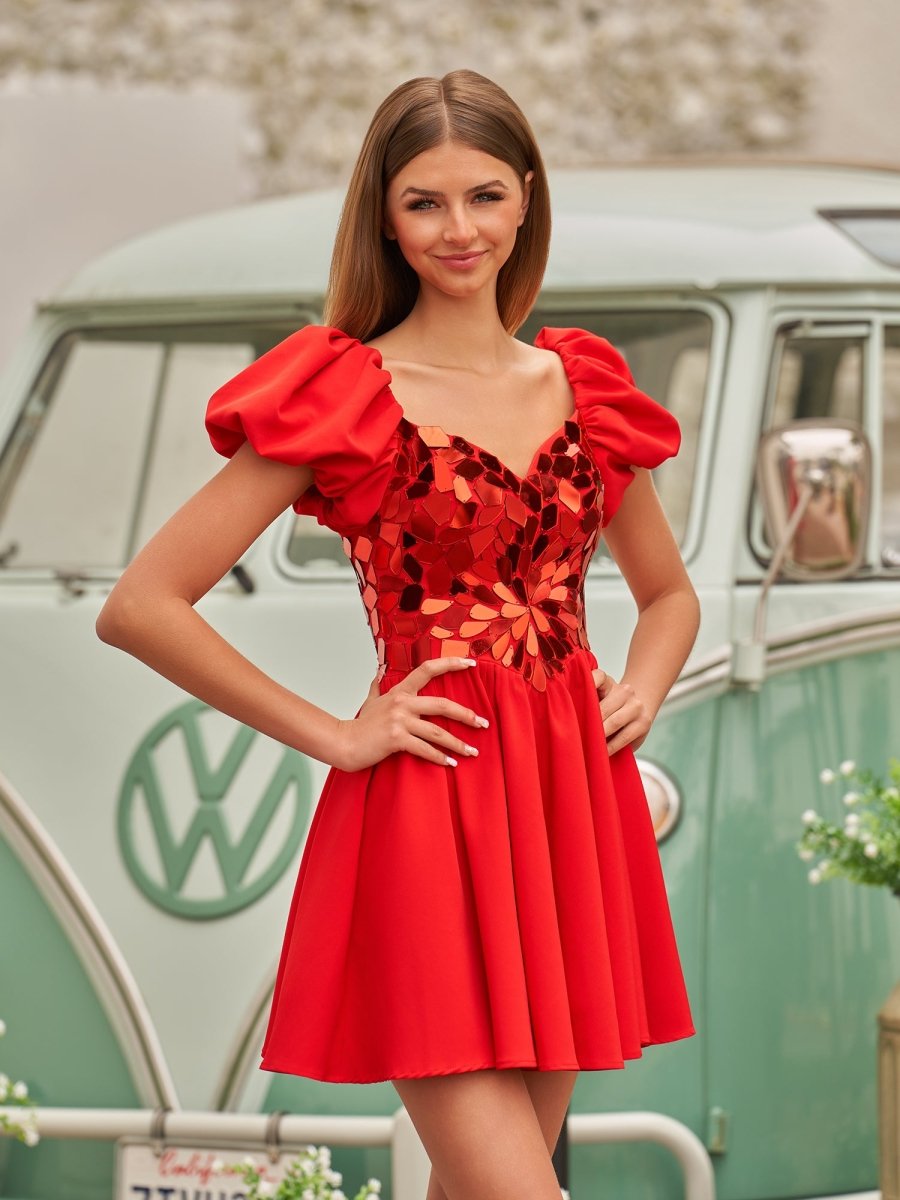 Galatea | A-Line Short Red Cut-Glass Sweetheartg Dress
