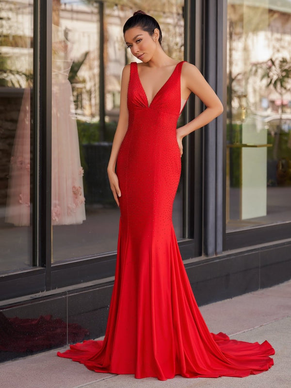 Molly Green Mermaid Deep V-Neck Beaded Satin Long Prom Dress