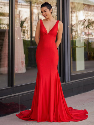 Mermaid Deep V-Neck Beaded Satin Long Prom Dress - KISSPROM PROM DRESSES