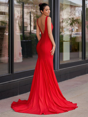 Mermaid Deep V-Neck Beaded Satin Long Prom Dress - KISSPROM PROM DRESSES