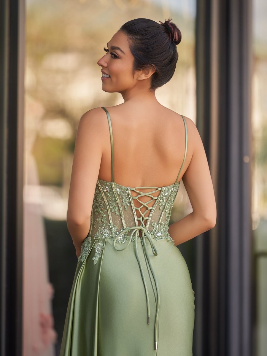 Paddy | Silver Spaghetti Straps Mermaid Appliqued Prom Dress With Split