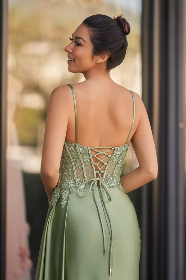 Paddy | Silver Spaghetti Straps Mermaid Appliqued Prom Dress With Split