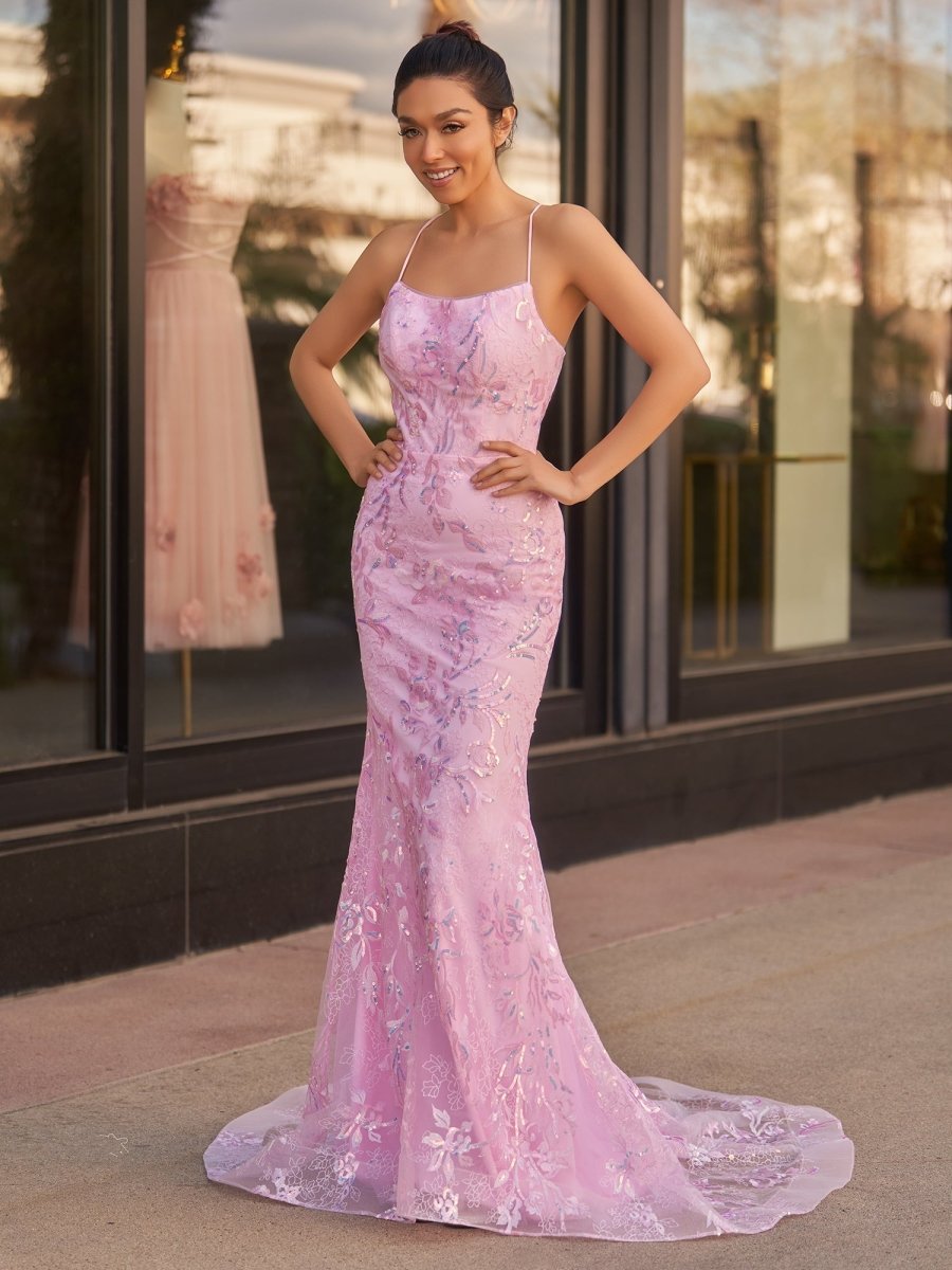 Sylvia Lilac Mermaid Scoop Lace Prom Dress with Lace-Up Open Back Pink / 16
