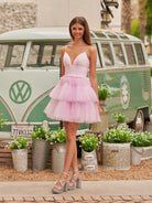 Layla | A-Line Deep V Neck Tiered Short Homecoming Dress
