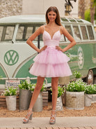 Layla | A-Line Deep V Neck Tiered Short Homecoming Dress