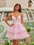 Layla | A-Line Deep V Neck Tiered Short Homecoming Dress