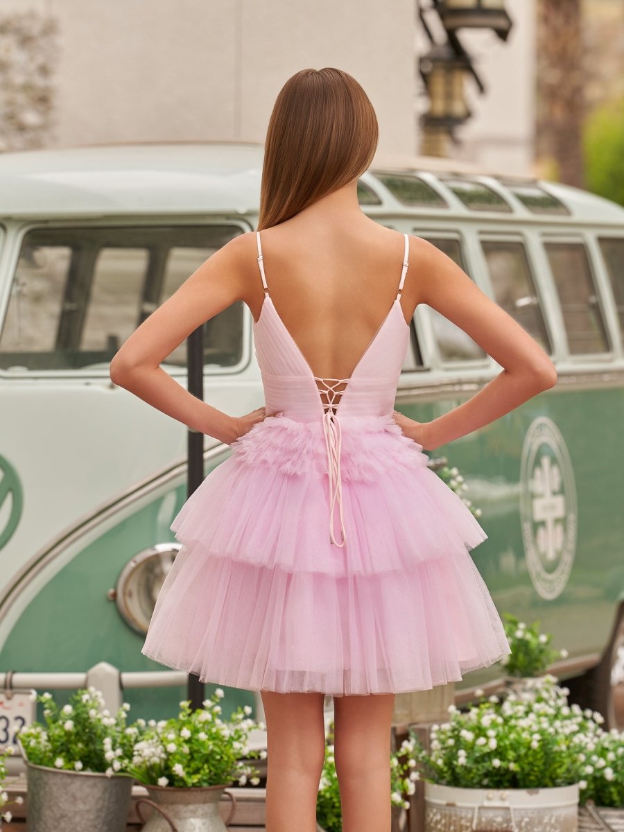 KissProm A-Line Deep V Neck Tiered Short Homecoming Dress, Pink / 10