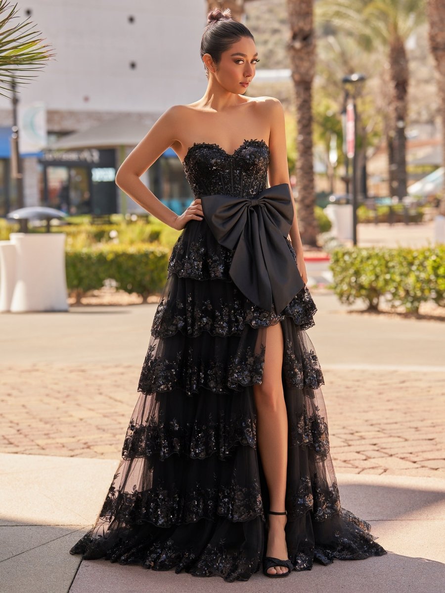 A-Line Sweetheart Sequin Ruffles Long Prom Dresses with Bow Blue / 6