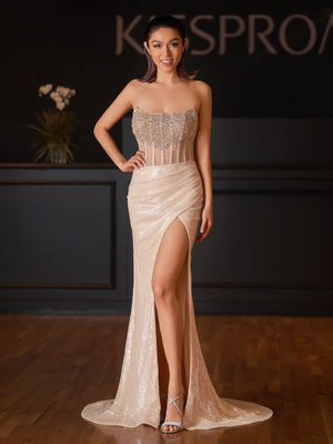 Narcissa | Strapless Mermaid Long Sequins Prom Dress With Split