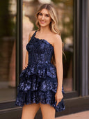 Navy Blue A Line One Shoulder Navy Tiered Lace Short Homecoming Dress - KISSPROM