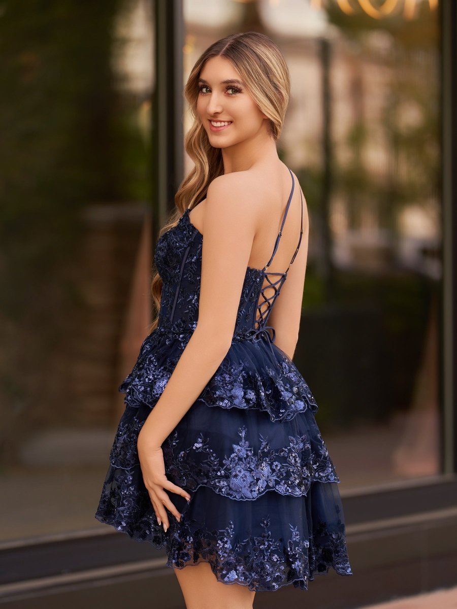 A Line One Shoulder Navy Tiered Lace Short Homecoming Dress Navy Blue / 18 A Line One Shoulder Navy Tiered Lace Short Homecoming Dress Navy Blue / 18