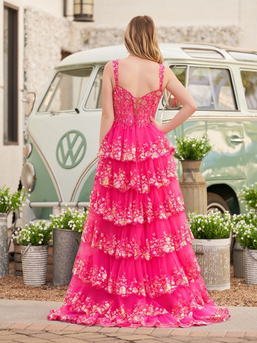 Capri | A-Line Lace Off-the-Shoulder Tiered Long Prom Dress with Slit
