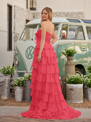 Cinizia | Chiffon Fuchsia Sweetheart Tiered Ruffles Prom Dress with Slit