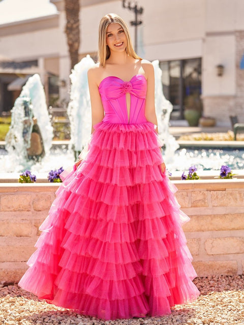 Cute Fuchsia Sweetheart Keyhole Tiered Tulle Long Princess Prom Dresses with Slit