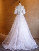 A - line V - neck Pearl Embellished Tulle Lace Floor Length Prom Dresses - KissProm