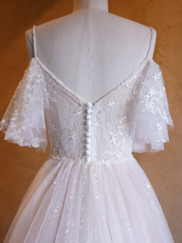 A - line V - neck Pearl Embellished Tulle Lace Floor Length Prom Dresses - KissProm