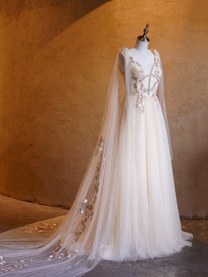 A - line Tulle Embroidery Deep - V Neck Floor - Length Prom Dresses - KissProm
