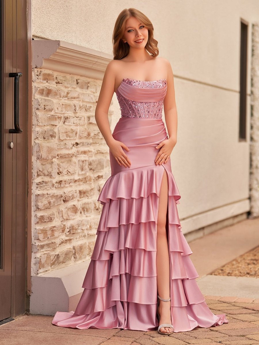 Yvonne | Charming Mermaid Strapless Pink Satin Long Prom Dresses with Appliques