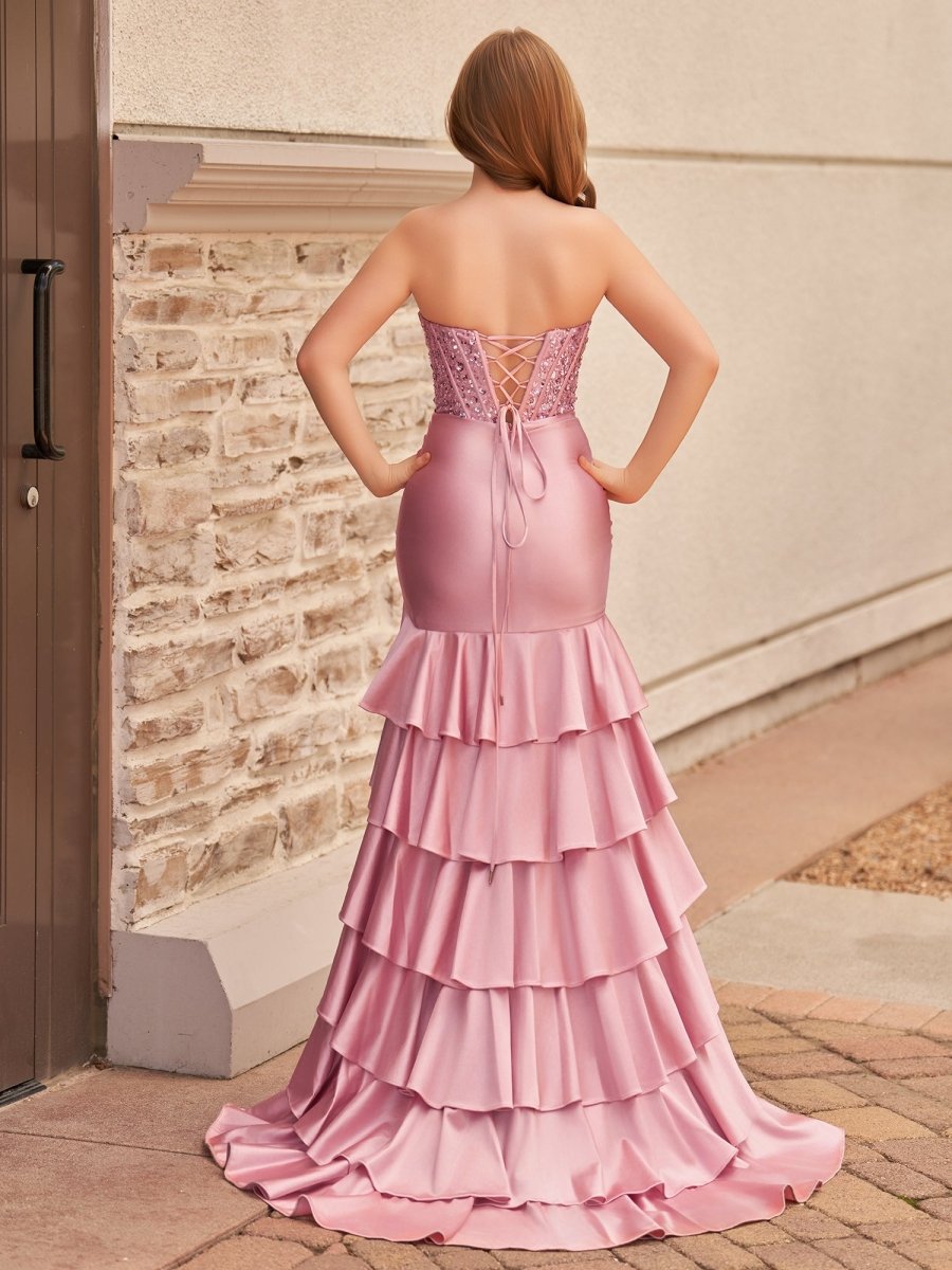 Yvonne | Charming Mermaid Strapless Pink Satin Long Prom Dresses with Appliques