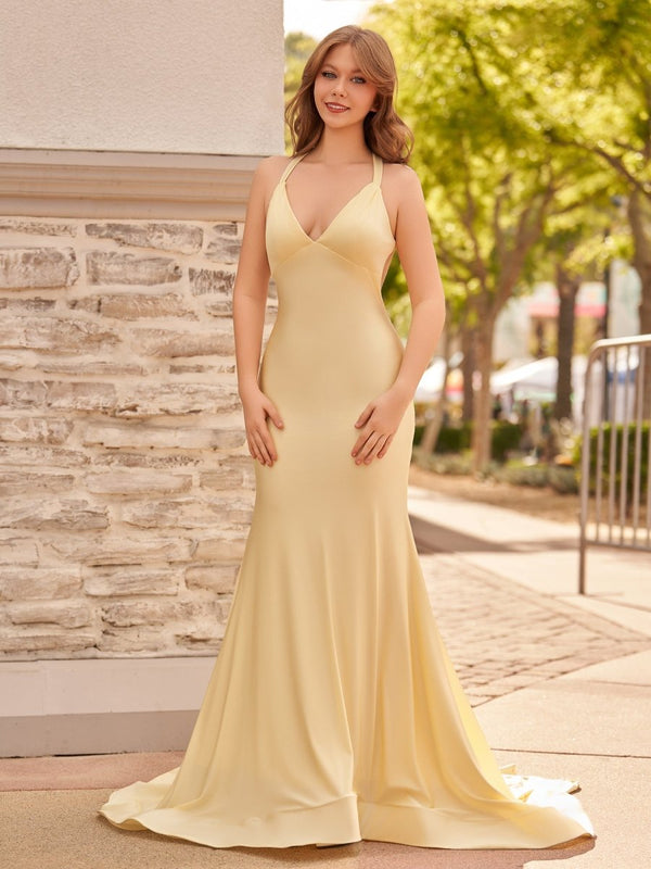 Angela Fuchsia Mermaid V Neck Backless Satin Long Prom Dress Yellow / 6 Angela Fuchsia Mermaid V Neck Backless Satin Long Prom Dress Yellow / 6