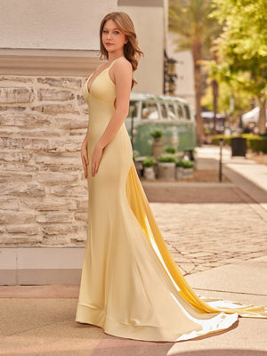 Yellow Mermaid Halter Satin Prom Dresses With Tail Evening Dress - KISSPROM PROM DRESSES