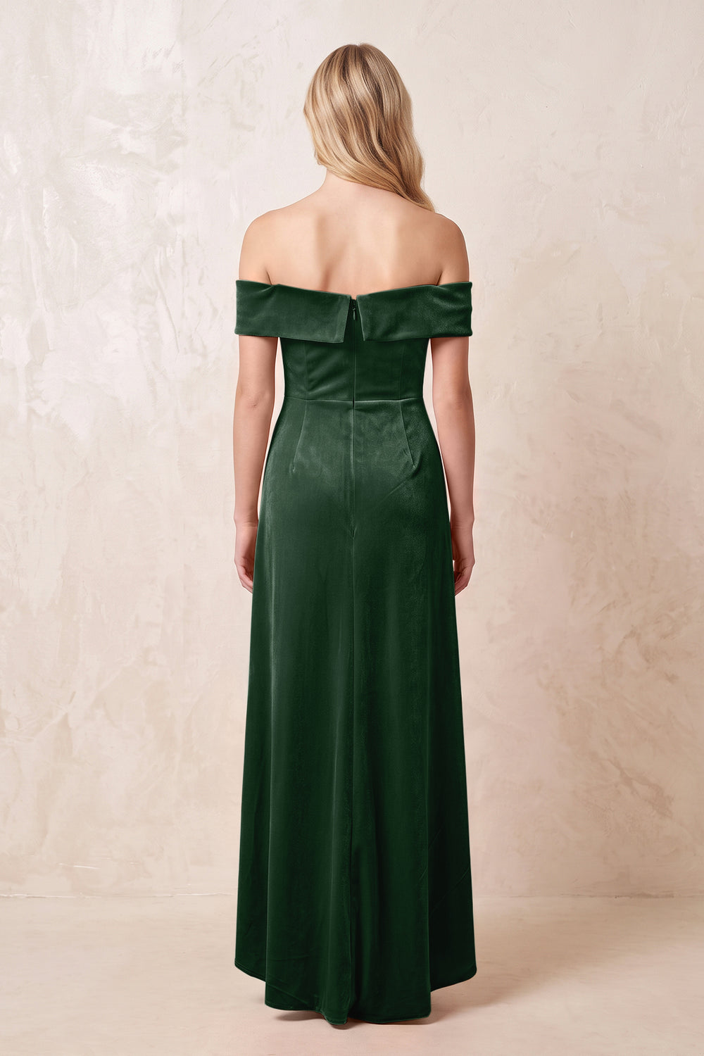 Dark Green Off-the-Shoulder Sheath Velvet Midi Bridesmaid Dress - KISSPROM