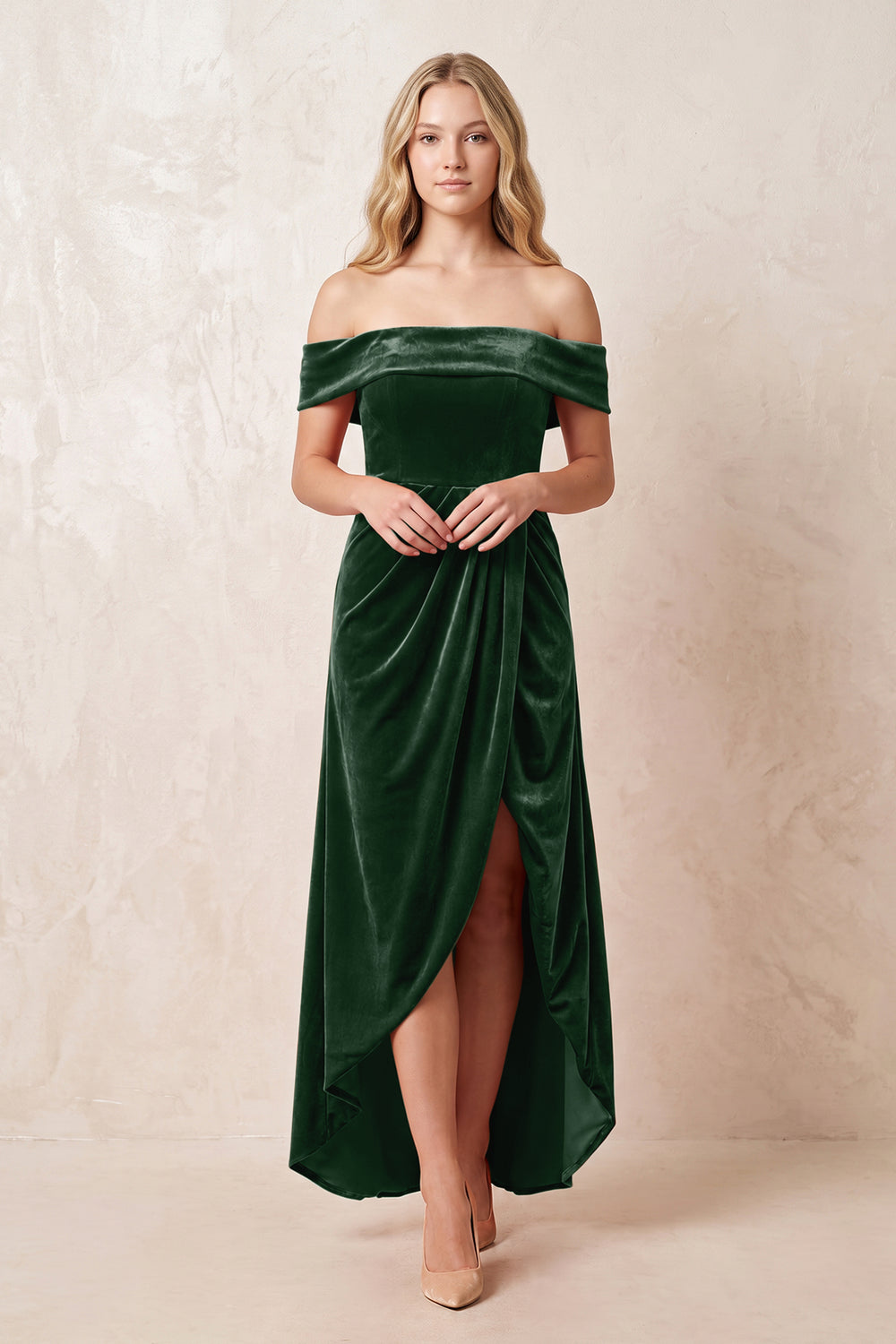 Dark Green Off-the-Shoulder Sheath Velvet Midi Bridesmaid Dress - KISSPROM