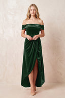 Dark Green Off-the-Shoulder Sheath Velvet Midi Bridesmaid Dress - KISSPROM