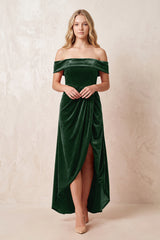 Dark Green Off-the-Shoulder Sheath Velvet Midi Bridesmaid Dress - KISSPROM