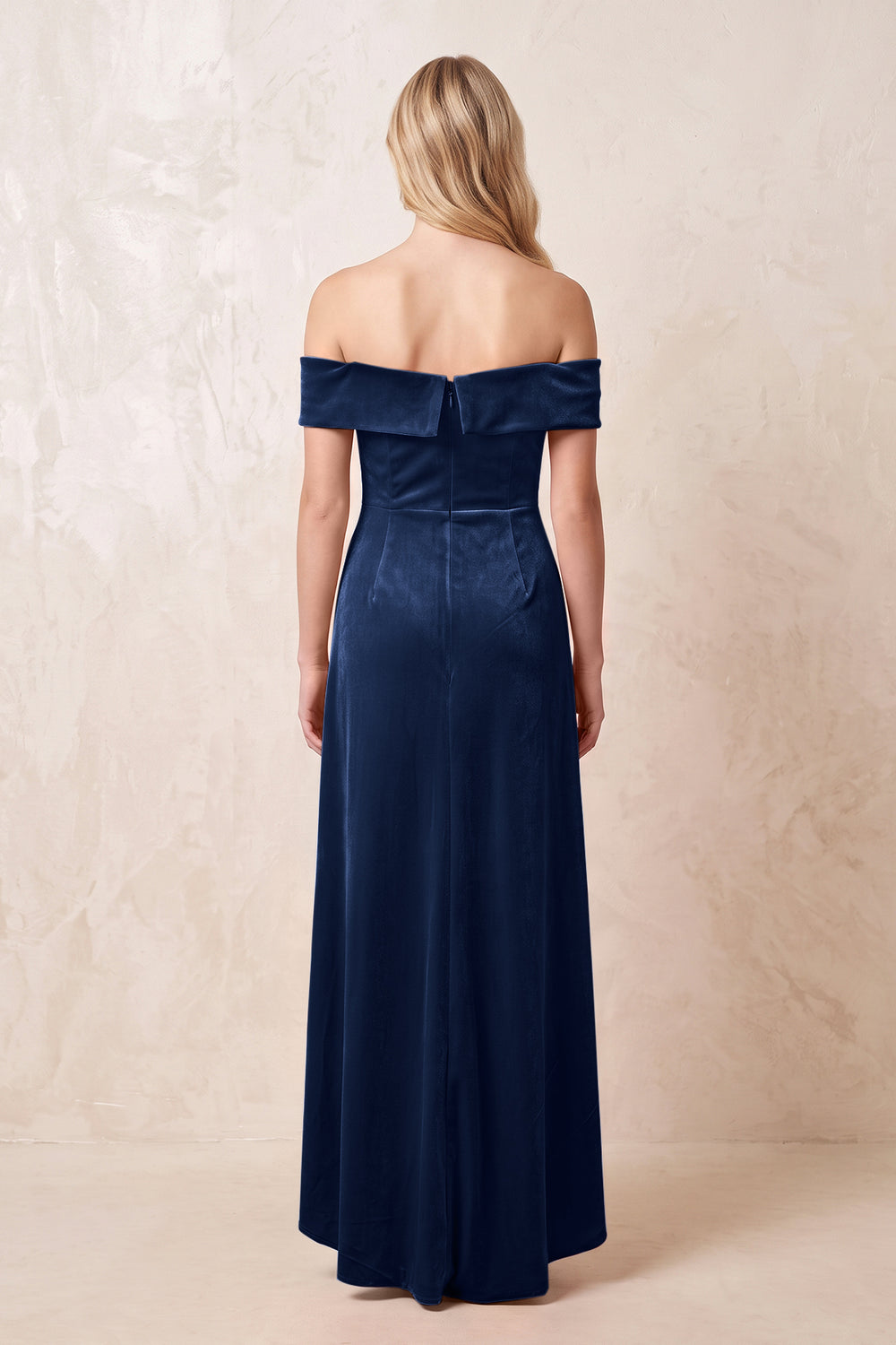 Dark Navy Off-the-Shoulder Sheath Velvet Midi Bridesmaid Dress - KISSPROM