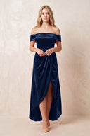 Dark Navy Off-the-Shoulder Sheath Velvet Midi Bridesmaid Dress - KISSPROM