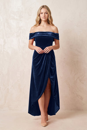 Dark Navy Off-the-Shoulder Sheath Velvet Midi Bridesmaid Dress - KISSPROM