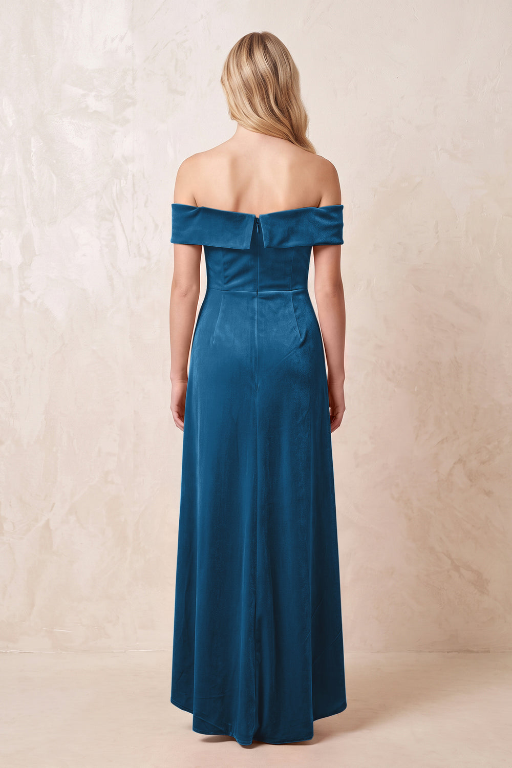 Dark Teal Off-the-Shoulder Sheath Velvet Midi Bridesmaid Dress - KISSPROM