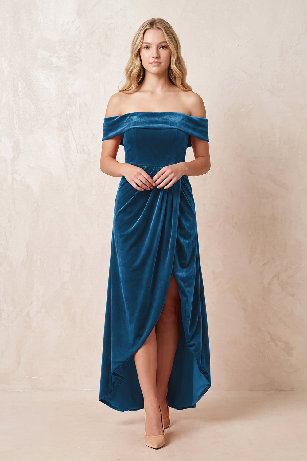 Dark Teal Off-the-Shoulder Sheath Velvet Midi Bridesmaid Dress - KISSPROM