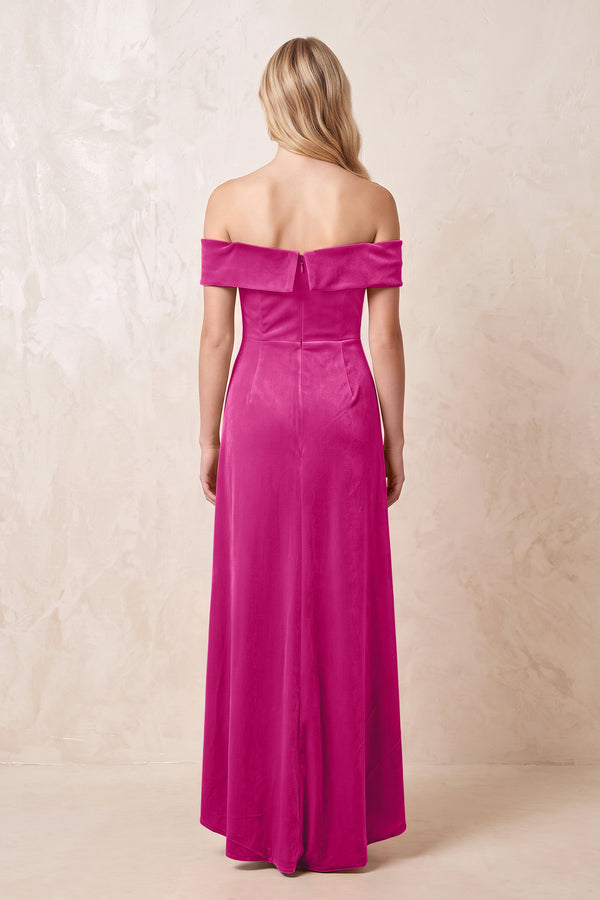 Desert Rose Off-the-Shoulder Sheath Velvet Midi Bridesmaid Dress - KISSPROM