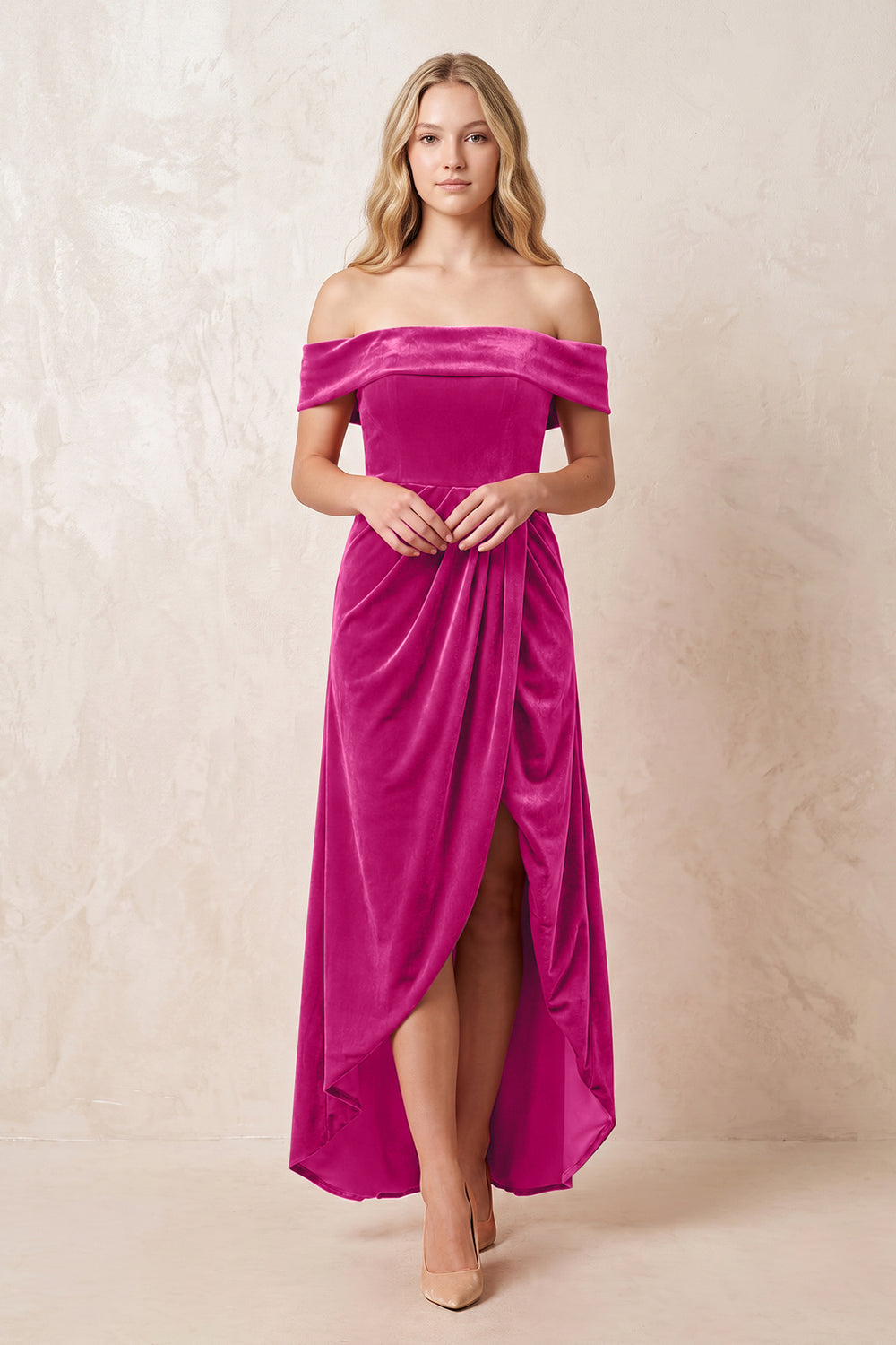 Desert Rose Off-the-Shoulder Sheath Velvet Midi Bridesmaid Dress - KISSPROM