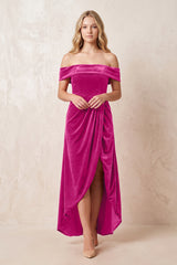 Desert Rose Off-the-Shoulder Sheath Velvet Midi Bridesmaid Dress - KISSPROM