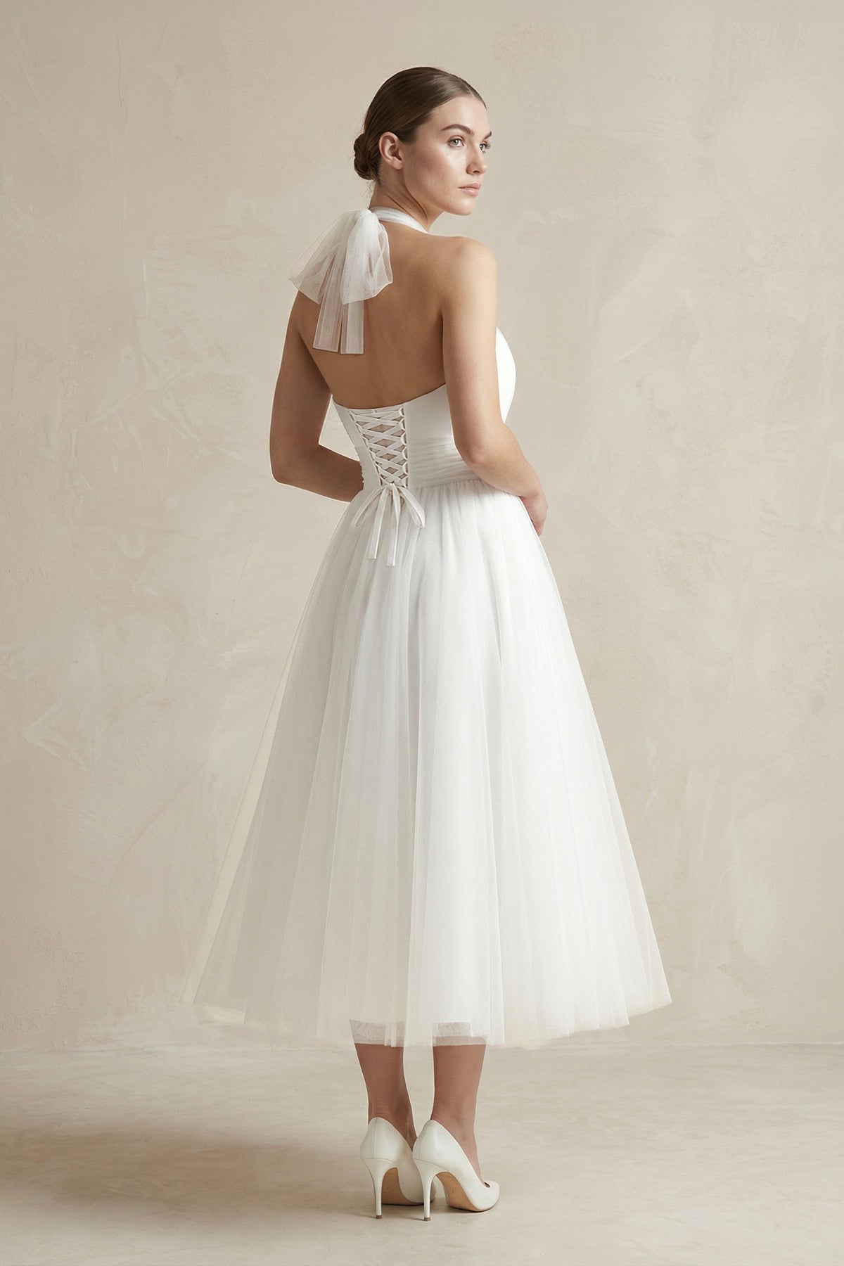KissProm Halter A-Line Tea Length Tulle Wedding Dress With Ruching, Diamond White / 4