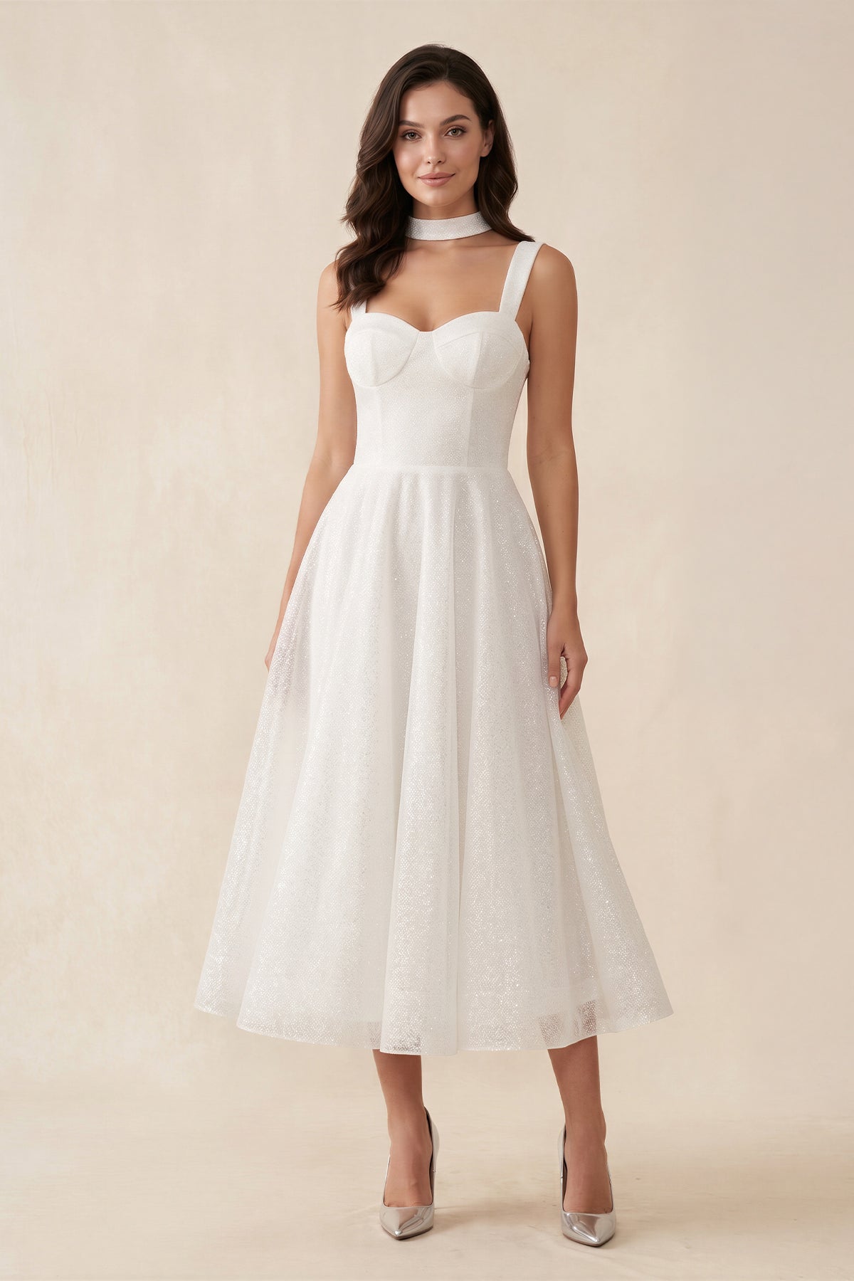 KissProm A-Line Sparkly Sequined Tea-Length Wedding Dresses, Diamond White / 4