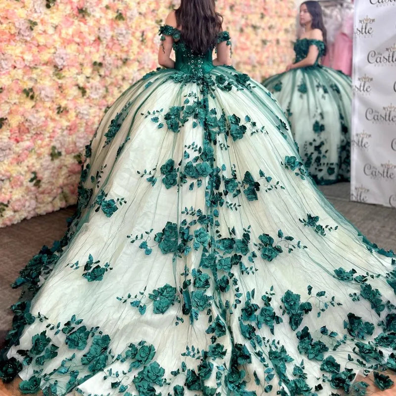 Quinceanera Dress 3D Flowers Off Shoulder Tulle Appliques Beaded Pageant Lace Up Princess Ball