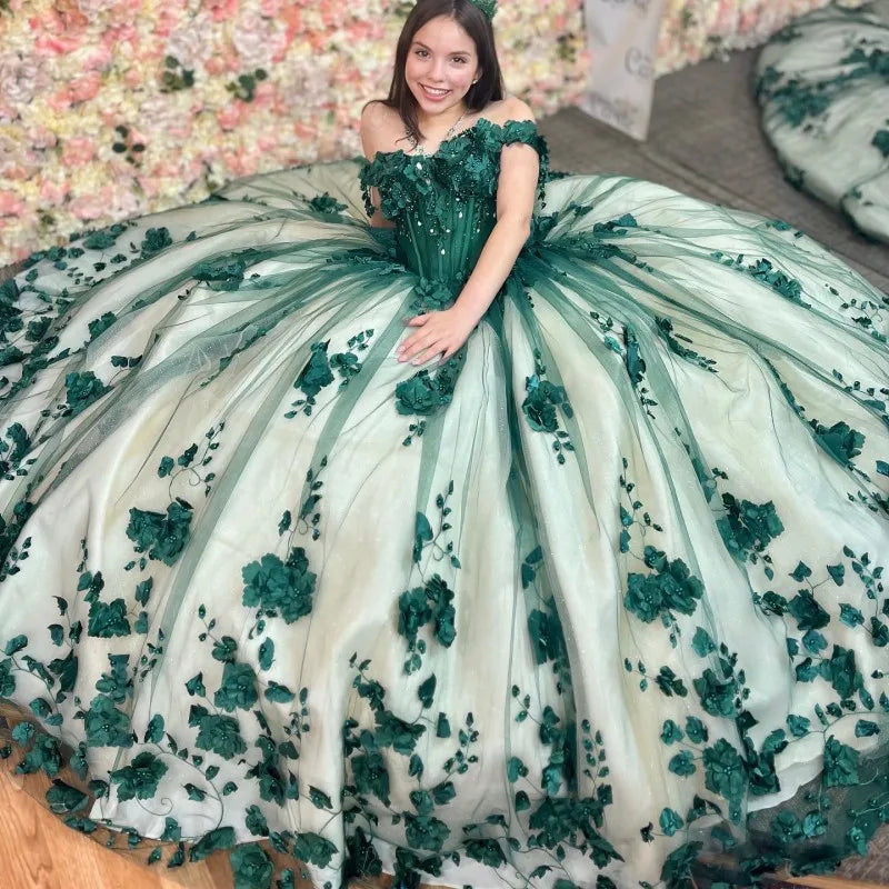 3D Flowers Off Shoulder Quinceanera Dresses Tulle Appliques Beaded Pageant Lace Up Princess Ball