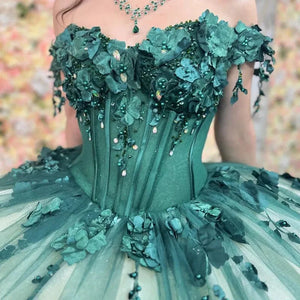 3D Flowers Off Shoulder Tulle Appliques Beaded Pageant Lace Up Quinceanera Dress