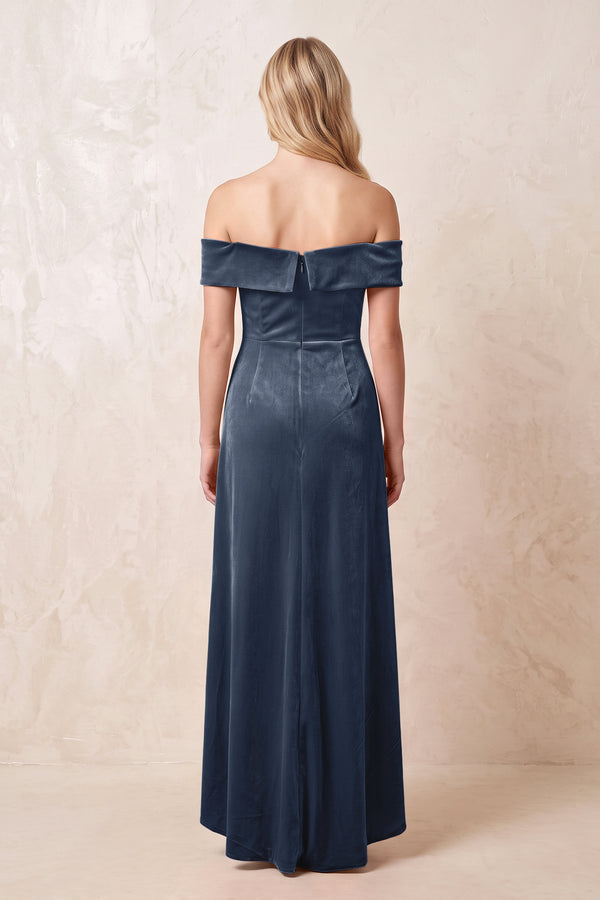 Dusk Blue Off-the-Shoulder Sheath Velvet Midi Bridesmaid Dress - KISSPROM