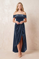 Dusk Blue Off-the-Shoulder Sheath Velvet Midi Bridesmaid Dress - KISSPROM