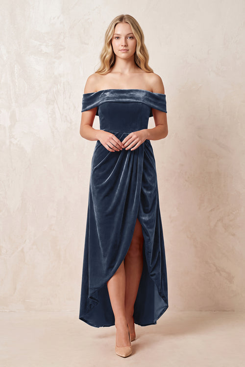 Dusk Blue Off-the-Shoulder Sheath Velvet Midi Bridesmaid Dress - KISSPROM
