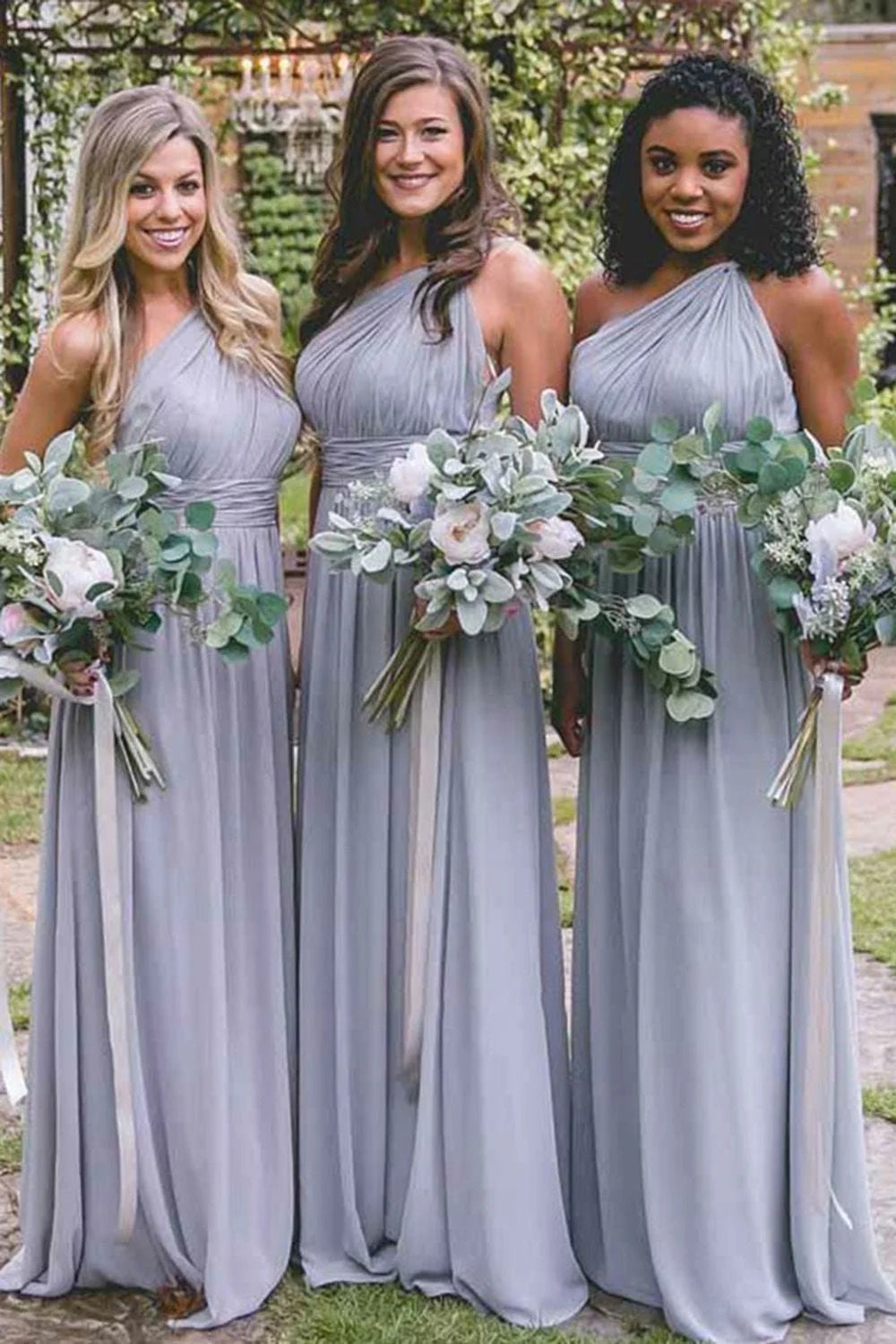 Dusty Blue One Shoulder Chiffon Long Boho Pleated Bridesmaid Dress - KissProm