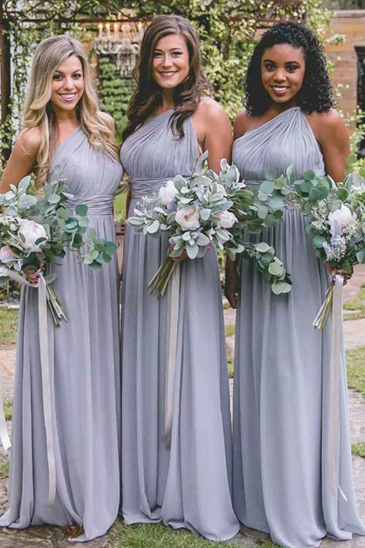 KissProm Dusty Blue One Shoulder Chiffon Long Boho Pleated Bridesmaid Dress, Dusty Blue / 6
