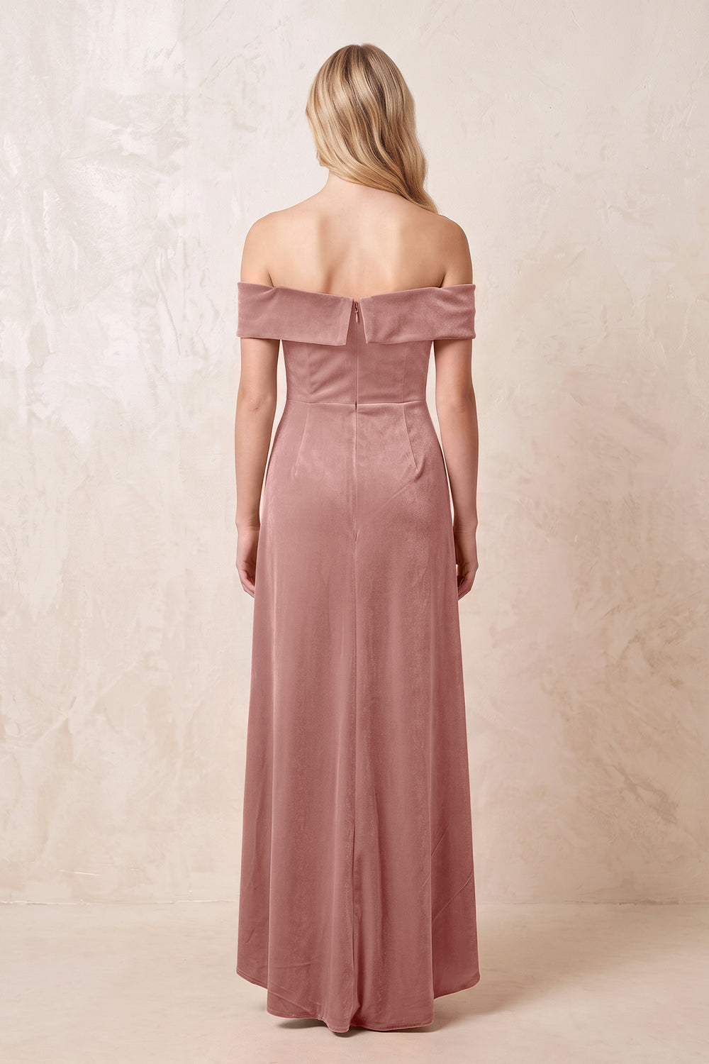 Dusty Rose Off-the-Shoulder Sheath Velvet Midi Bridesmaid Dress - KISSPROM