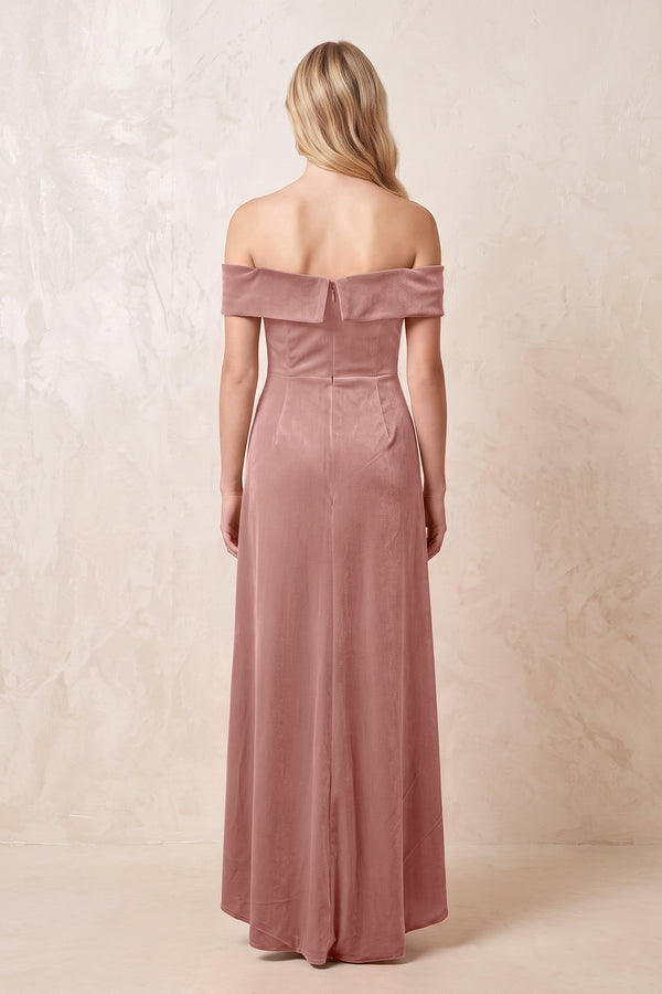 Dusty Rose Off-the-Shoulder Sheath Velvet Midi Bridesmaid Dress - KISSPROM