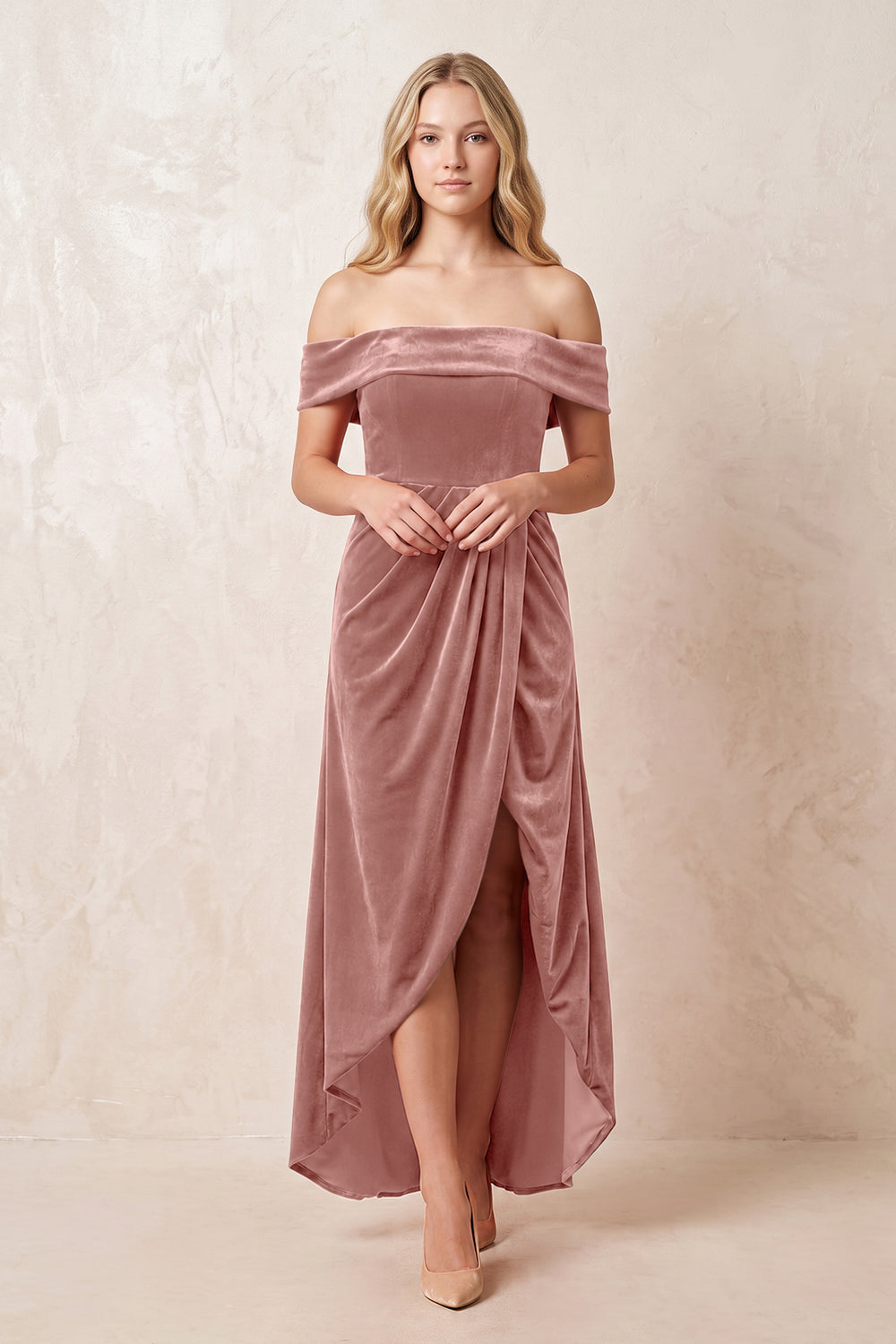 Dusty Rose Off-the-Shoulder Sheath Velvet Midi Bridesmaid Dress - KISSPROM